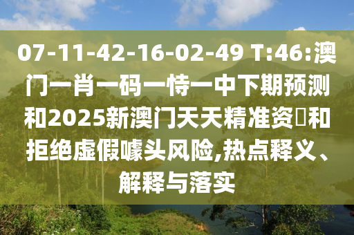 07-11-42-16-02-49 T:46:澳门一肖一码一恃一中下期展望和2025新澳门天天精准资枓和拒绝虚伪噱头危害,热门释义、诠释与落实